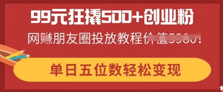 99元狂撬500+创业粉，单日五位数轻松变现，网创朋友圈投放教程-复盘人